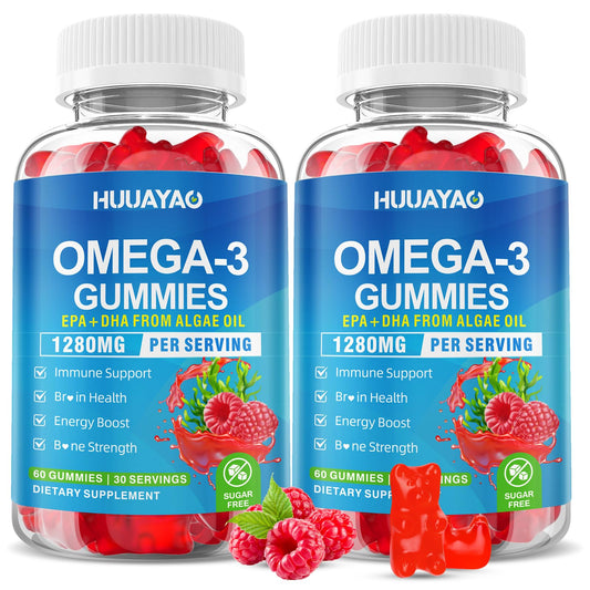 HUUAYAO vegan omega-3 gummies bottle for daily brain and eye support.