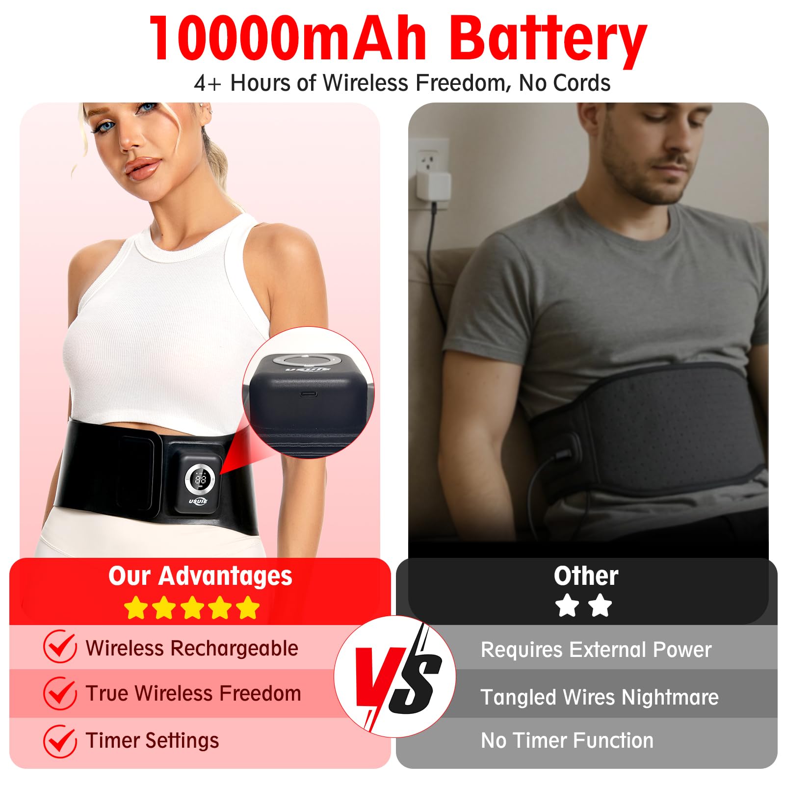 Huwoony Wireless Red Light Therapy Belt wrapped on back for portable relief.