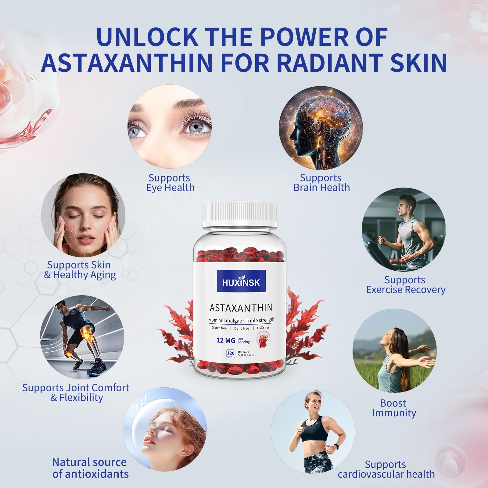 HUXINSK astaxanthin capsules closeup highlights 12mg per capsule for daily energy.