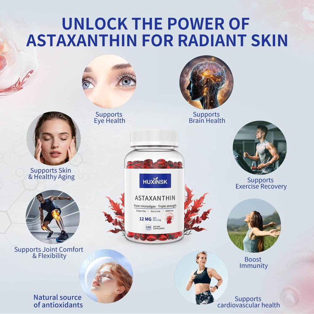 HUXINSK astaxanthin capsules closeup highlights 12mg per capsule for daily energy.