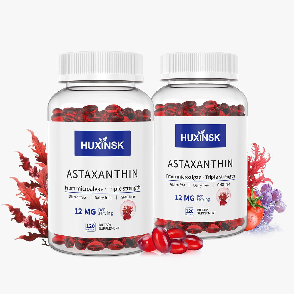 HUXINSK Astaxanthin softgel packaging highlights vegan 12mg potency for vitality.
