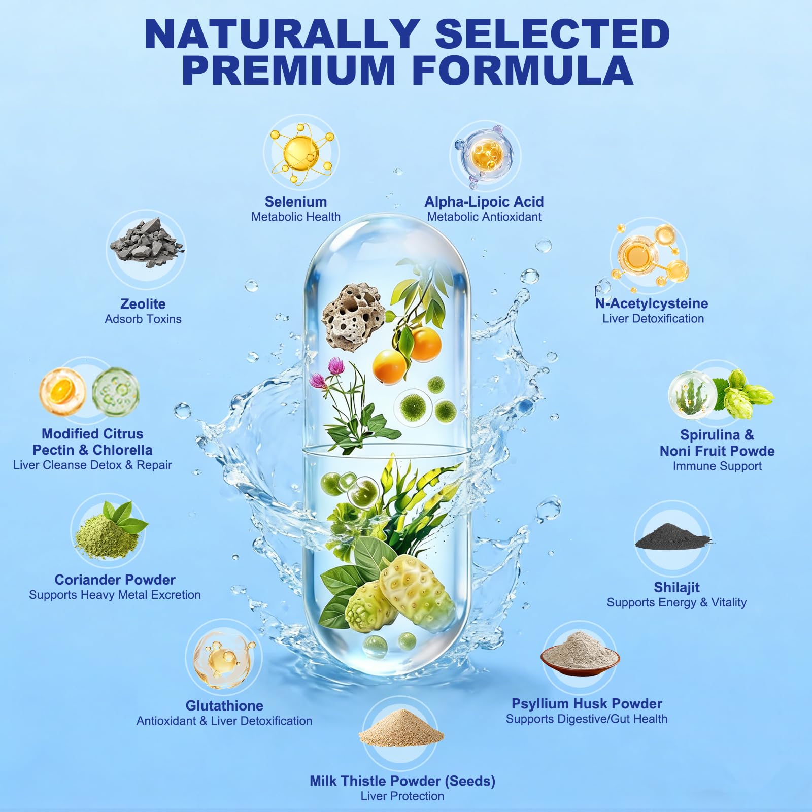 HUXINSK Zeolite Detox bottle showcasing label and clean vegan formula benefits