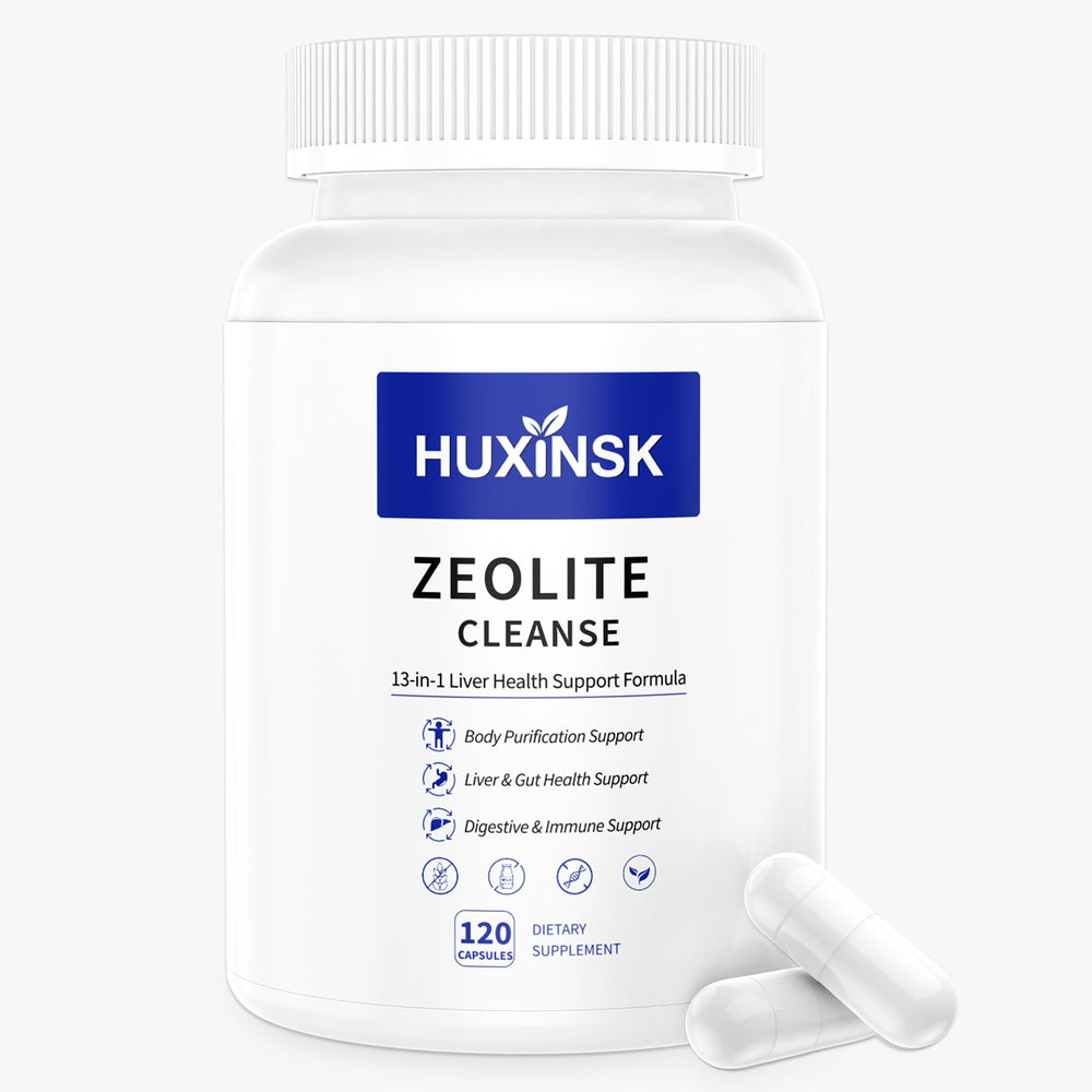 HUXINSK Zeolite Detox capsules in bottle highlighting detox support and easy daily use