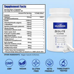 HUXINSK Zeolite Detox packaging shot to emphasize vegan, non-GMO safety