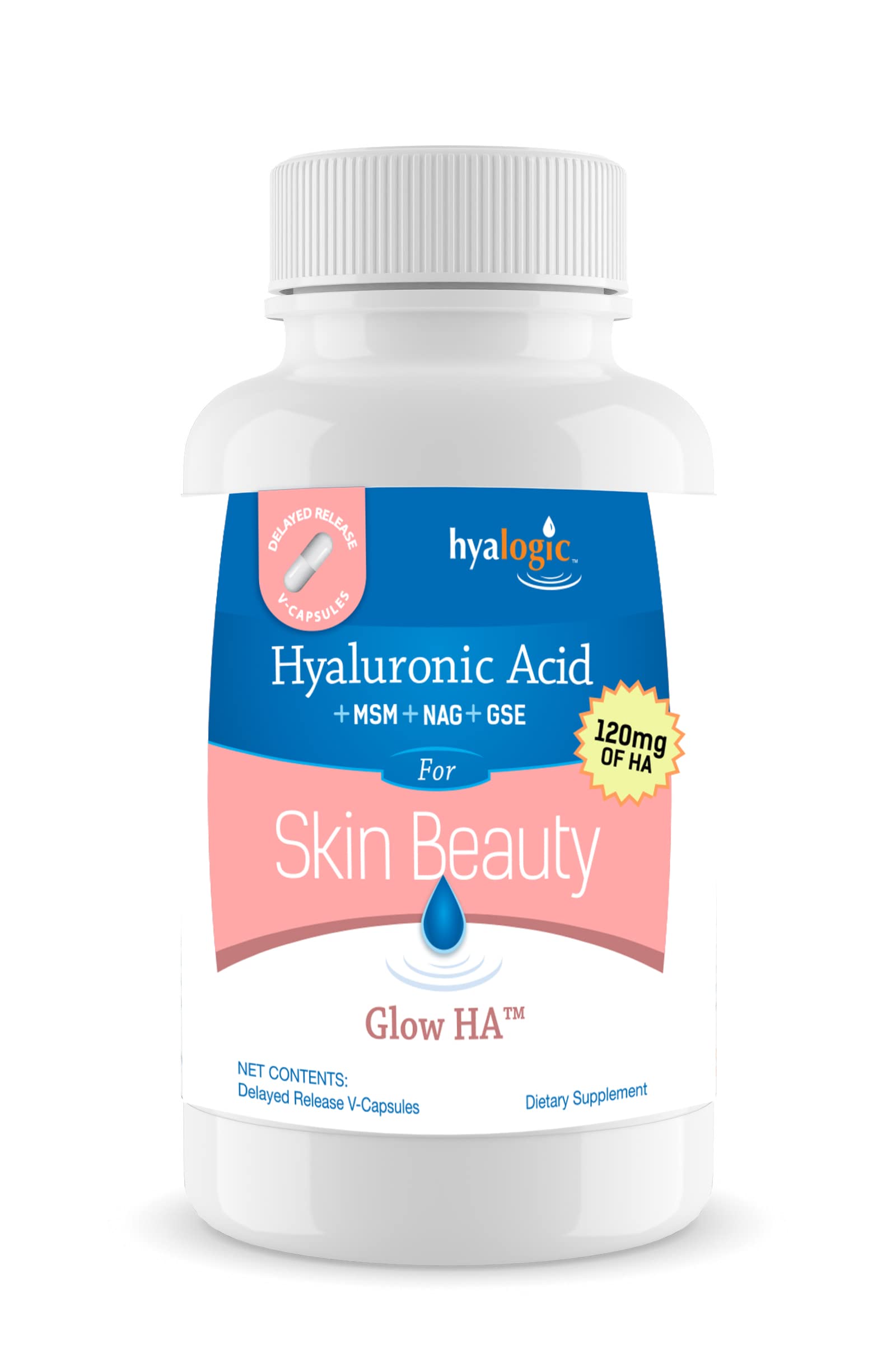 Hyalogic 120mg Hyaluronic Acid capsules bottle illustrating skin hydration potential.