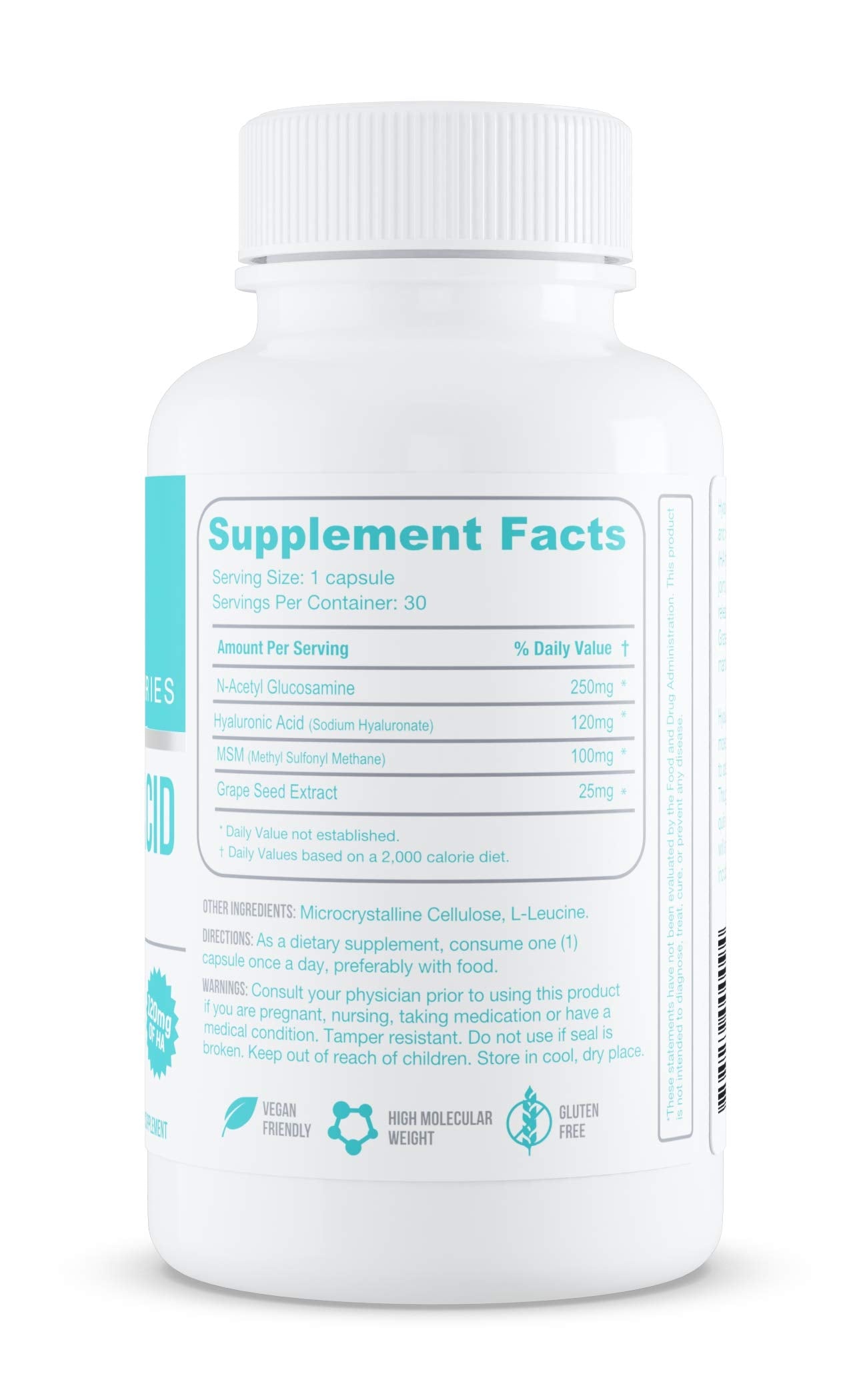 Hyalogic label highlights vegan and gluten-free features for health-conscious users.