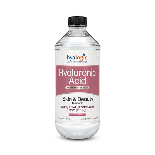 Hyalogic Liquid Hyaluronic Acid Supplement bottle closeup showing hydration support