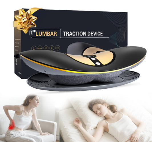 Hybodies lumbar traction device in use, delivering a gentle back stretch.