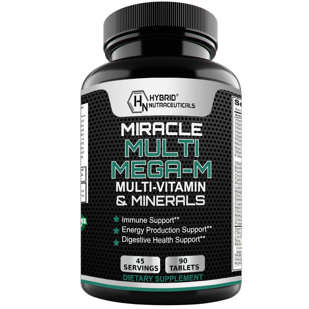 Hybrid Nutraceuticals MEGA-M multivitamin bottle promotes daily wellness with probiotics.
