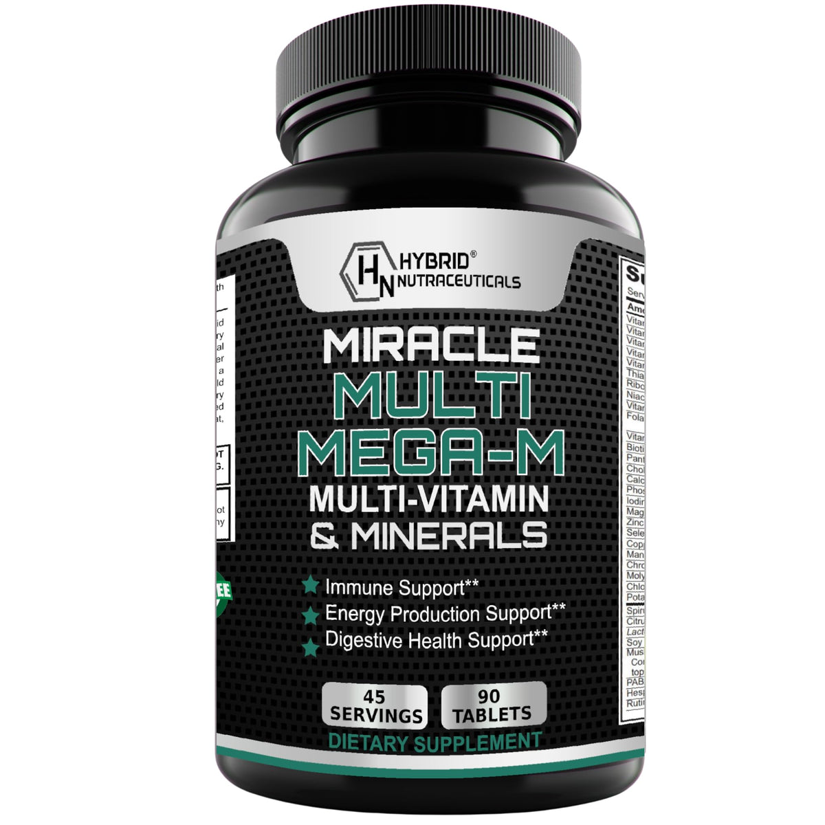 Hybrid Nutraceuticals MEGA-M multivitamin bottle promotes daily wellness with probiotics.