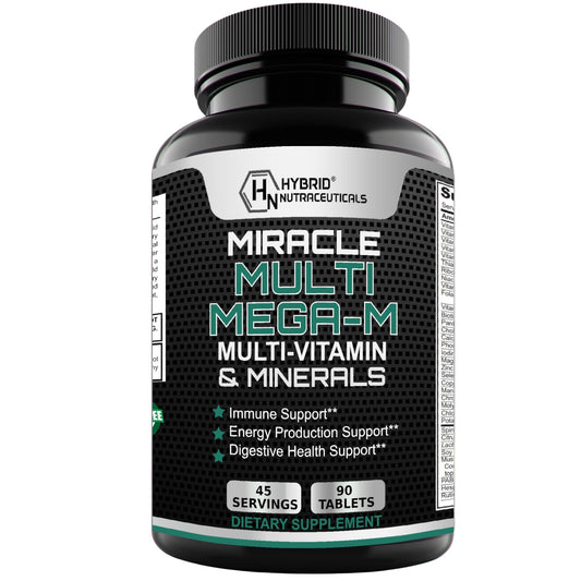 Hybrid Nutraceuticals MEGA-M multivitamin bottle promotes daily wellness with probiotics.