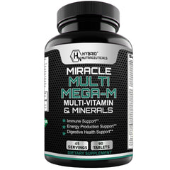 Hybrid Nutraceuticals MEGA-M multivitamin bottle promotes daily wellness with probiotics.