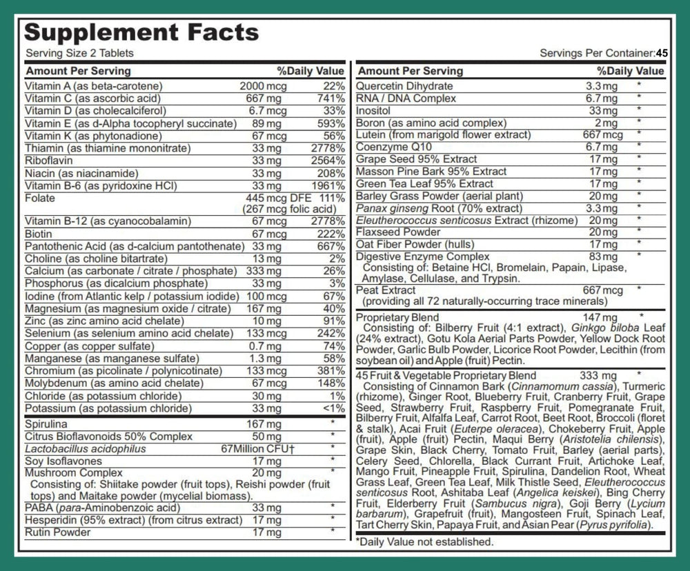 Ingredients panel illustrates probiotics, enzymes and superfoods included.