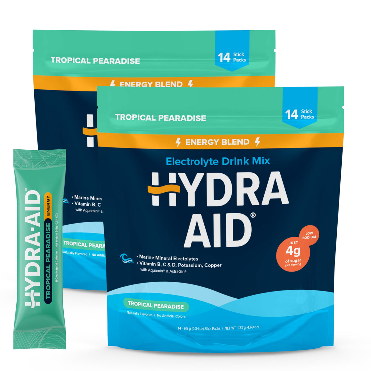 HYDRA AID electrolyte packets front view showing low-sodium hydration and marine minerals