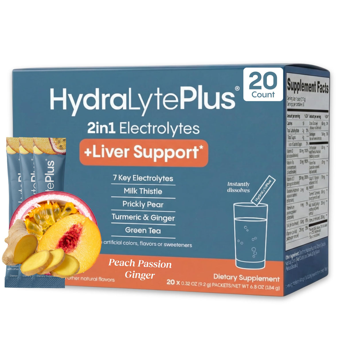 Hydralyte Liver Support Peach Passion Ginger packets promote refreshing hydration on the go.