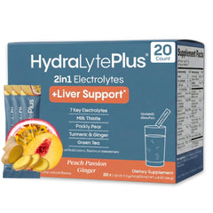 Hydralyte Liver Support Peach Passion Ginger packets promote refreshing hydration on the go.