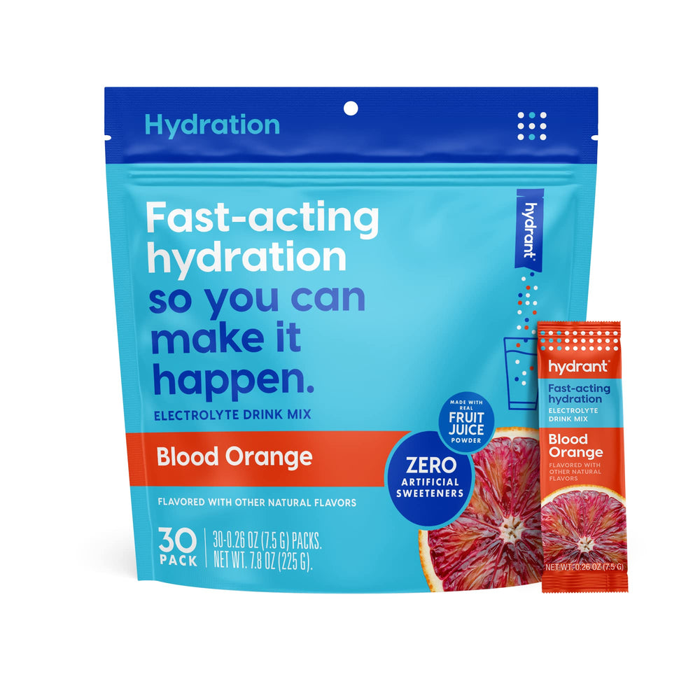 HYDRANT Blood Orange hydration powder packet for quick on-the-go rehydration.