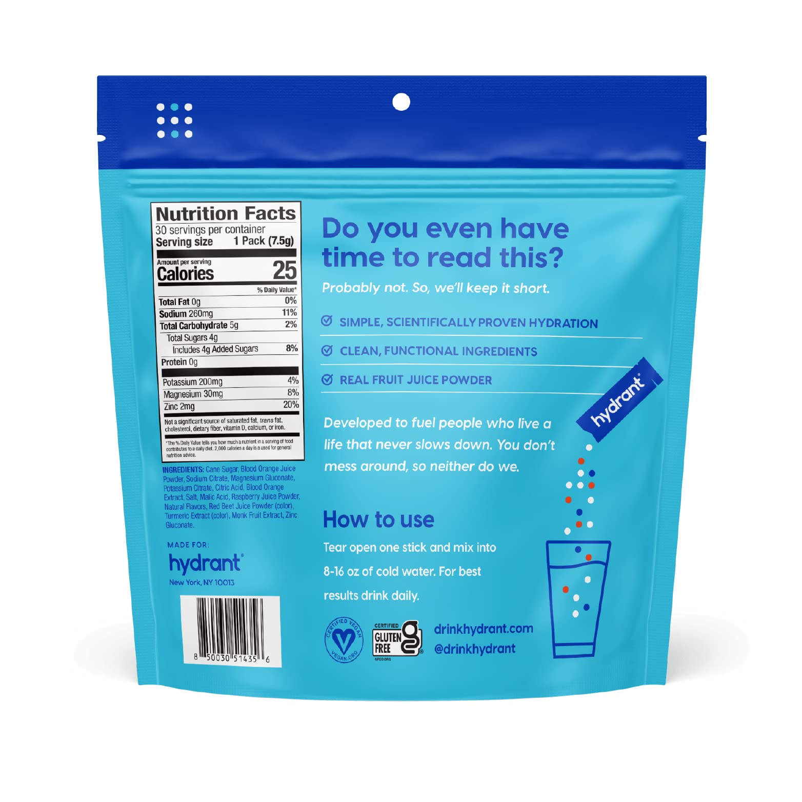 HYDRANT Blood Orange label detail emphasizes real fruit flavor and low sugar formula.