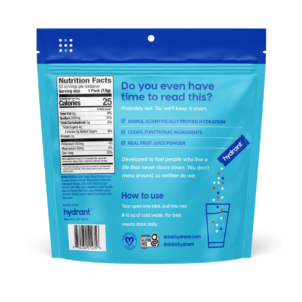 HYDRANT Blood Orange label detail emphasizes real fruit flavor and low sugar formula.