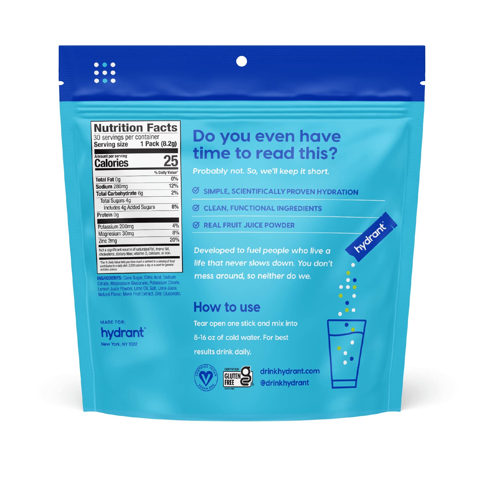 HYDRANT Hydrate on-the-go packets for convenient hydration anywhere.