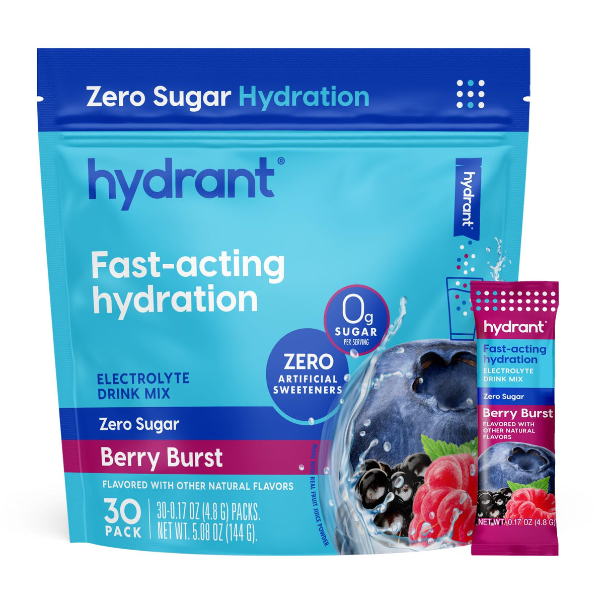 HYDRANT Hydrate Zero Sugar Berry Burst bottle image highlights rapid, refreshing hydration on the go.