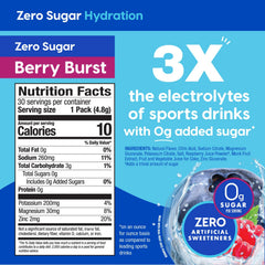 HYDRANT Hydrate Zero Sugar Berry Burst packets close-up shows convenient, portable hydration.