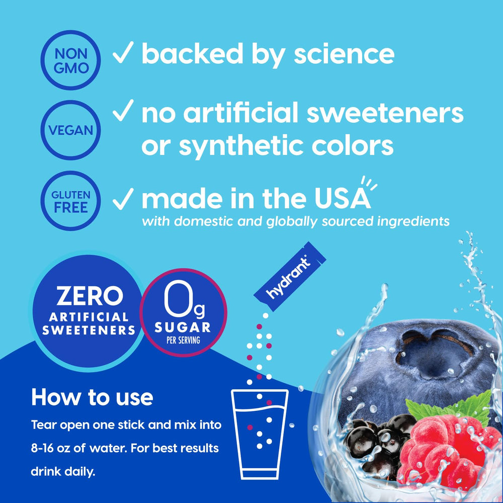 HYDRANT Hydrate Zero Sugar Berry Burst stick packet ready to mix for fast hydration.