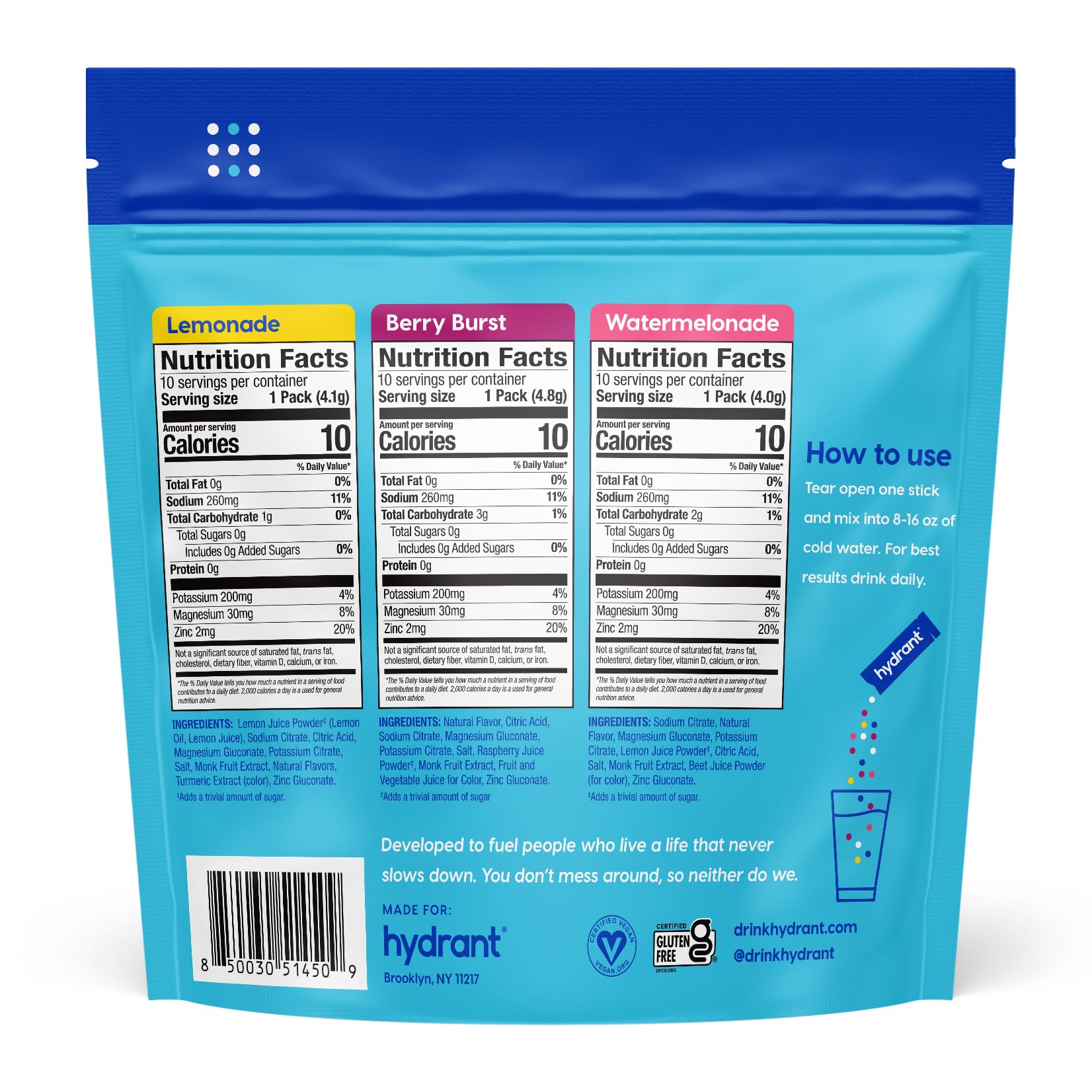 HYDRANT Hydrate variety-pack packets displayed in a kitchen drawer.