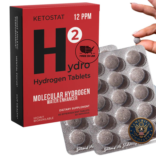 HYDRO HYDROGEN TABLETS dissolving in a bottle to create hydrogen-enriched water.