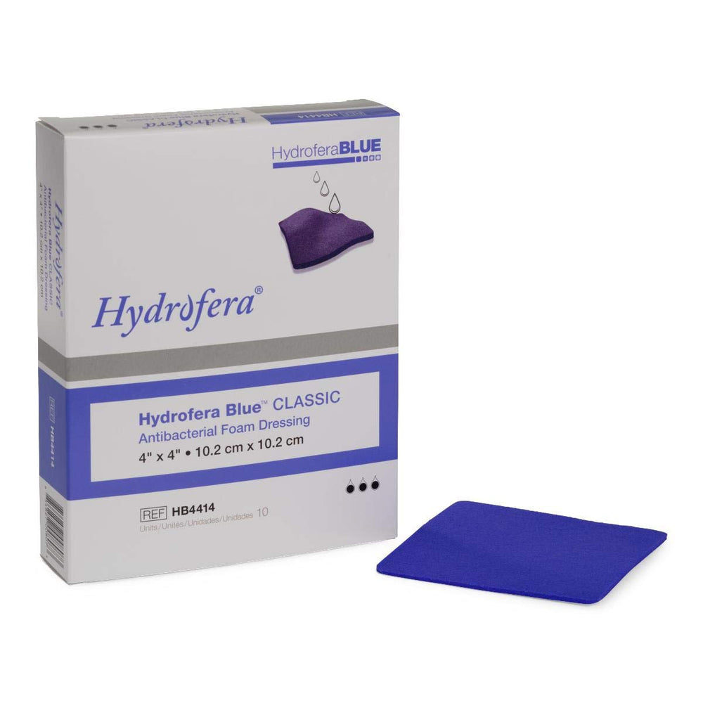 Hydrofera Blue 4x4 dressing box of 10 offers bacteriostatic wound care.