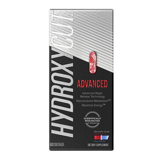 Hydroxycut Advanced bottle front view showing on-the-go energy branding.