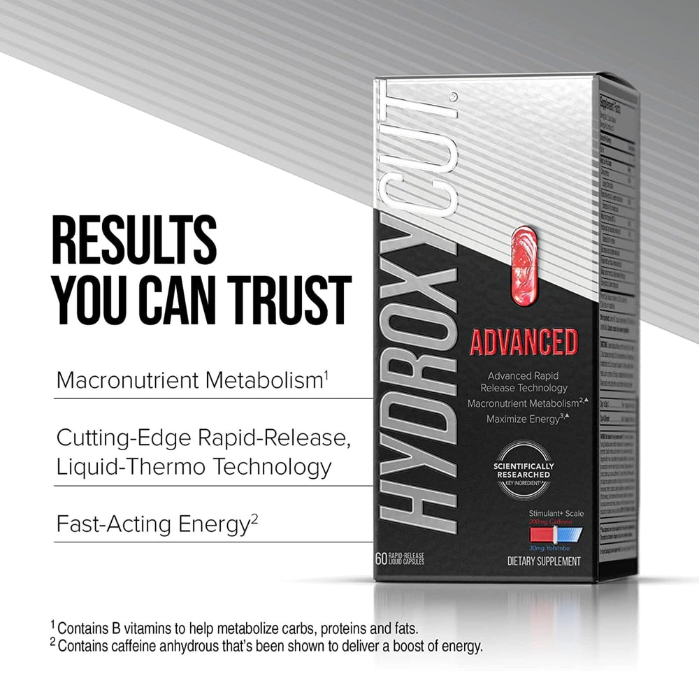 Hydroxycut Advanced capsules closeup with rapid-release design for quick energy.