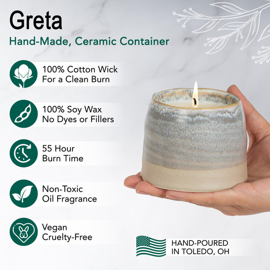 Greta 10oz ceramic pot showcasing a clean burn while filling the room with cooling mint scent.