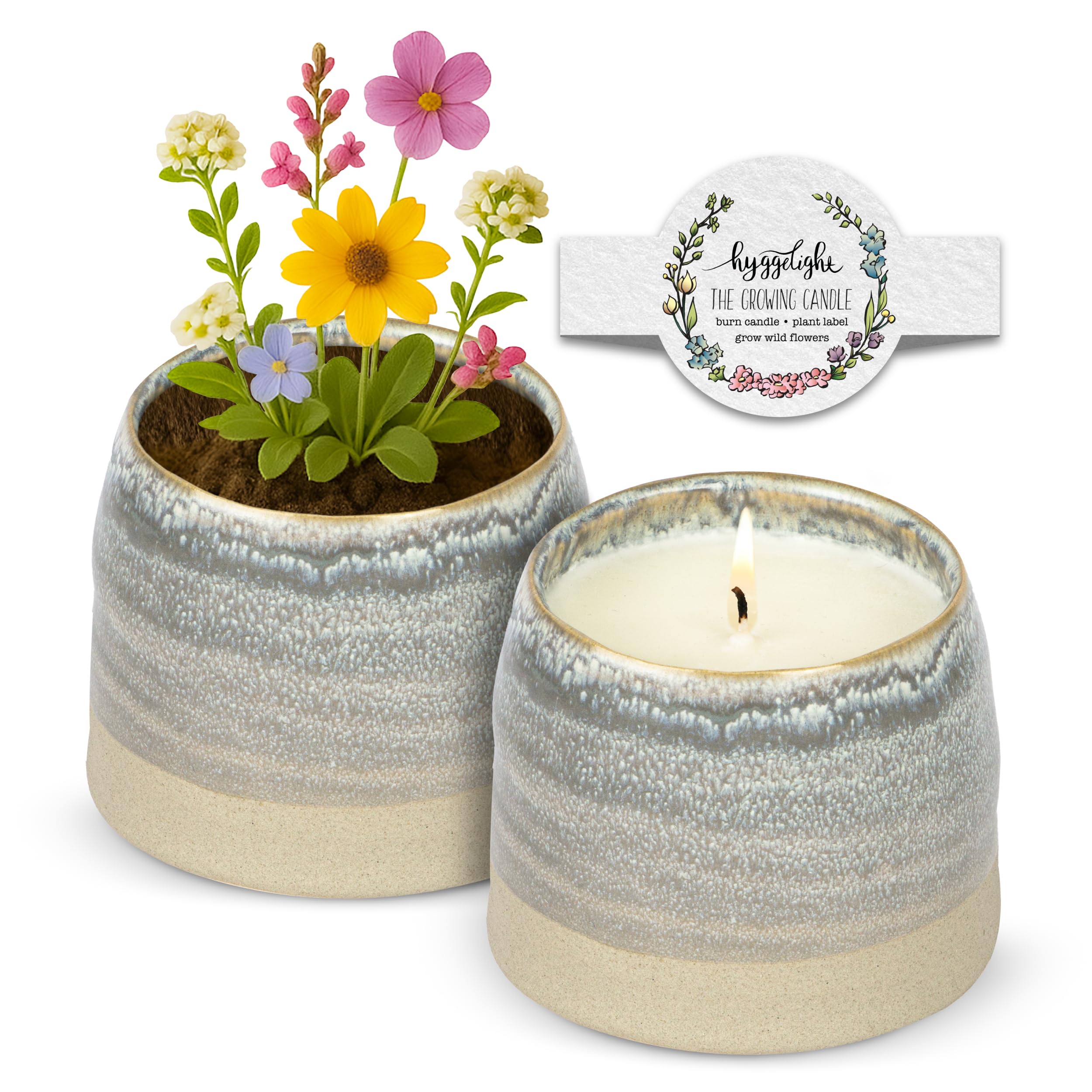 Hyggelight Greta growing candle with mint and eucalyptus aroma in a ceramic pot for fresh ambiance.