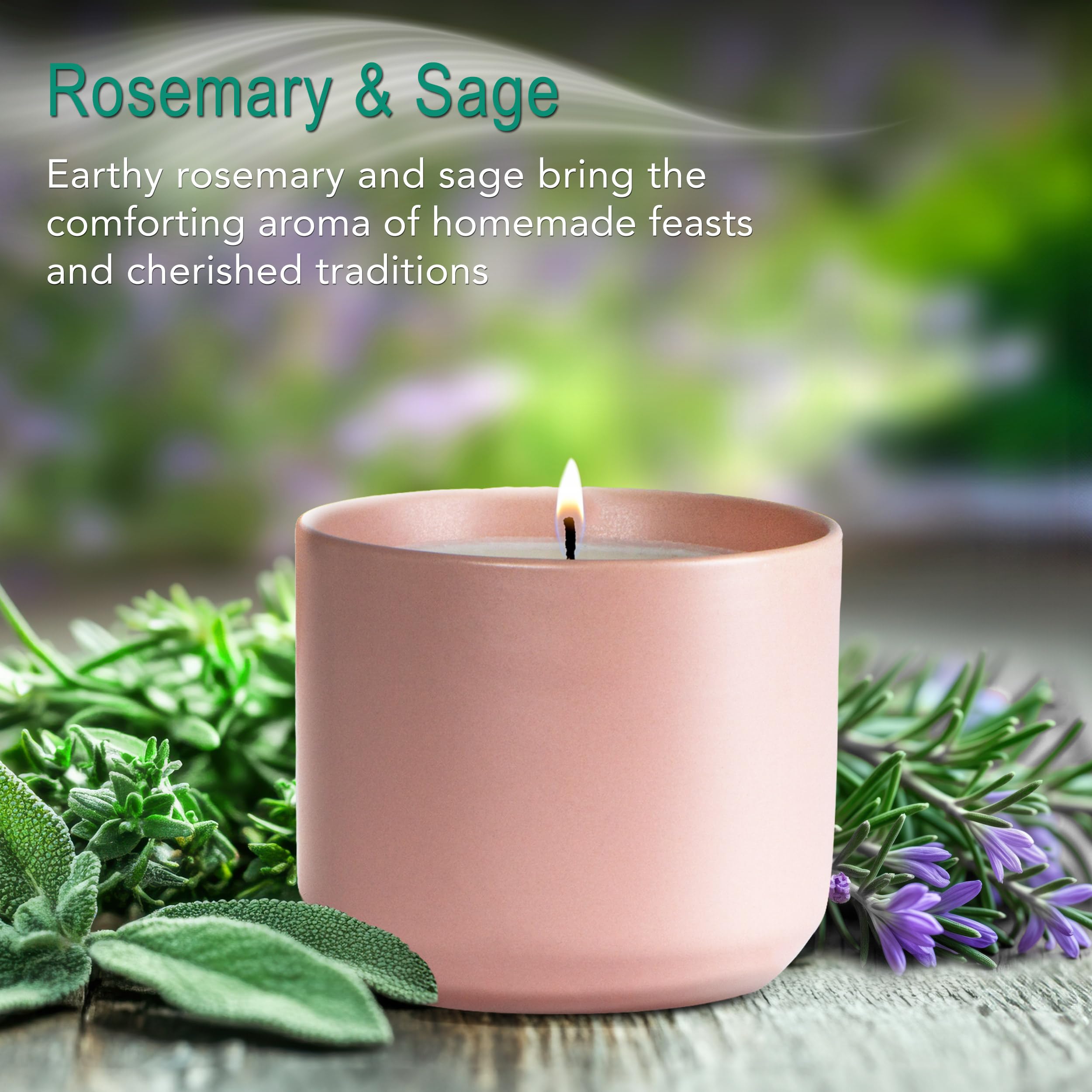 Hyggelight rosemary-sage candle featuring wildflower seed label invites easy plant growth after burning.