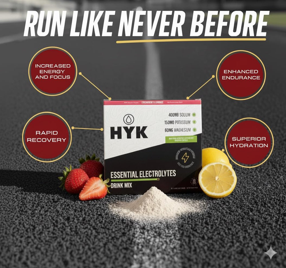 HYK Essential Electrolytes packets closeup shows ingredients for faster absorption