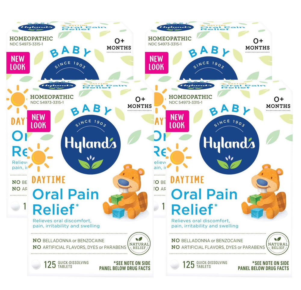 Hyland's Baby Oral Pain Relief tablets bottle front view highlighting quick-dissolving tablets