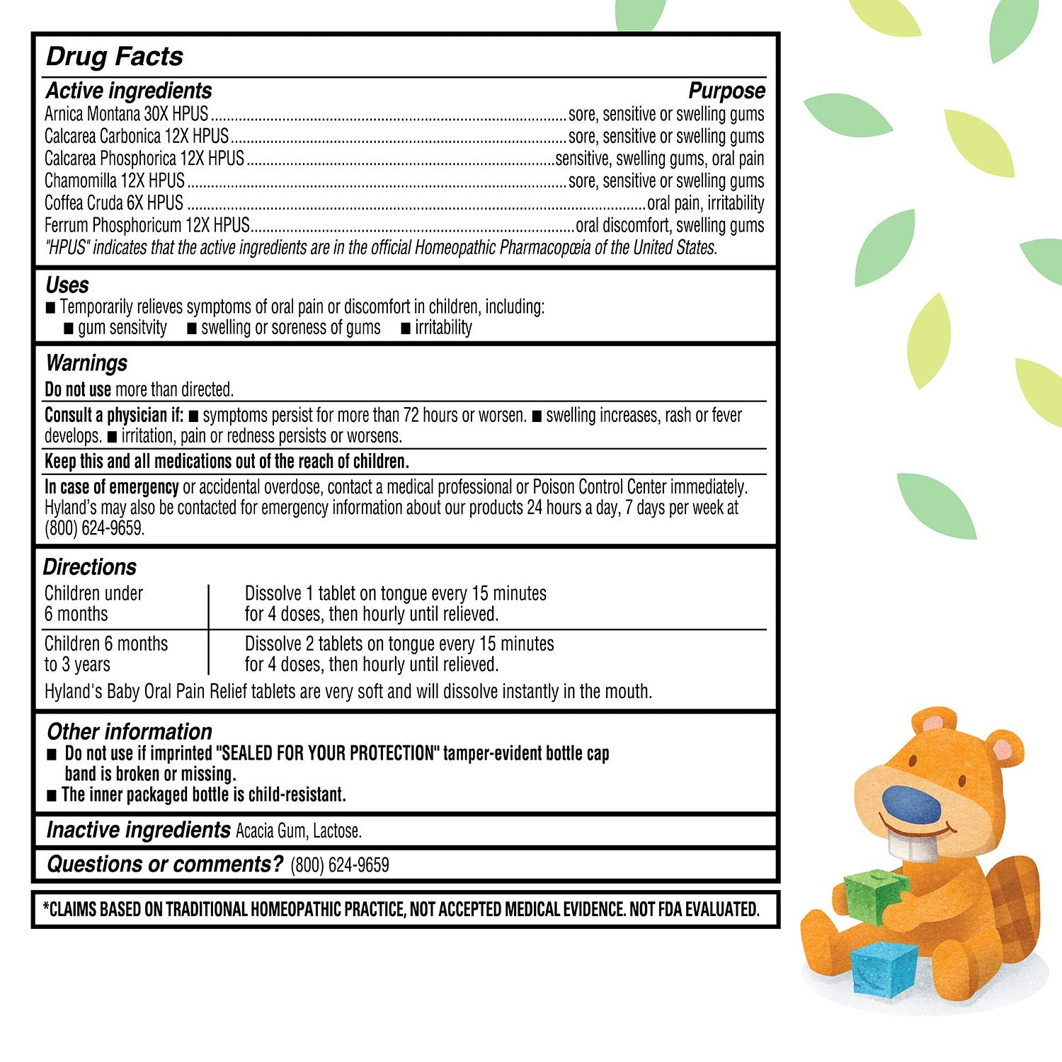 Hyland's Baby Oral Pain Relief label close-up with homeopathic ingredients