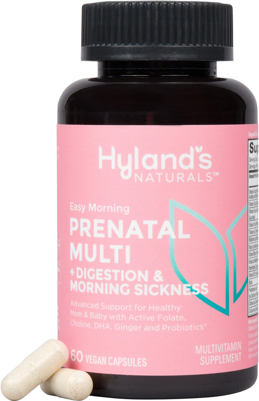 Hyland's Easy Morning Prenatal bottle front with mint-scented capsules for daily prenatal nutrition.