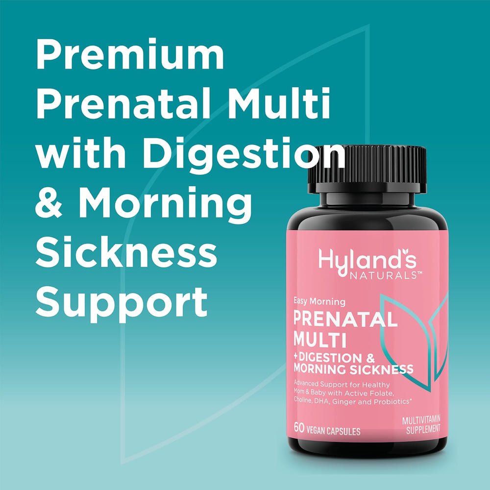 Hyland's Easy Morning Prenatal capsules shown for convenient daily prenatal nutrition during pregnancy.
