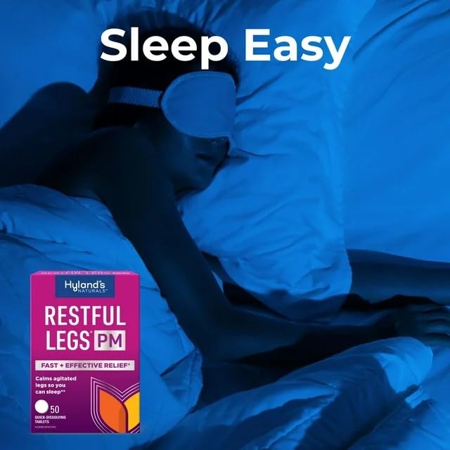 Hyland's Restful Legs bottle beside a clock at bedtime.