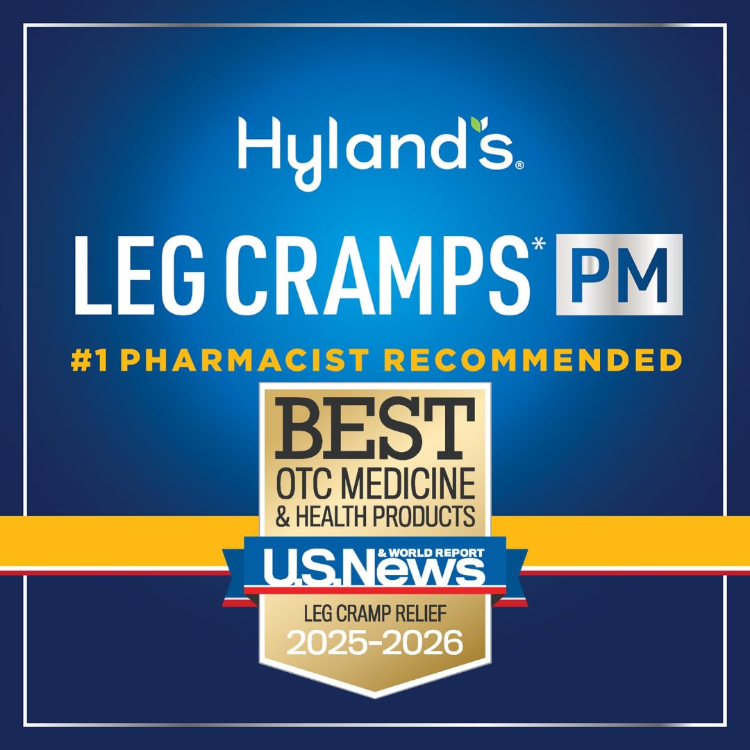Hyland's Leg Cramps PM bottle beside a sleeping setup, no water needed