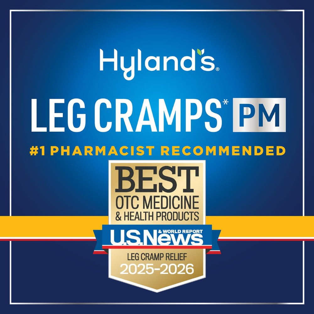 Hyland's Leg Cramps PM bottle beside a sleeping setup, no water needed