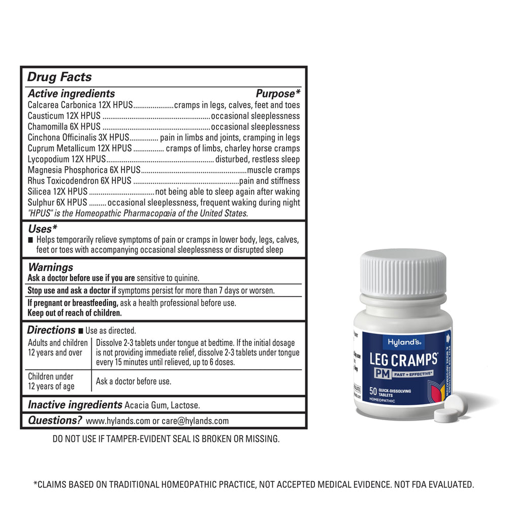 Hyland's Leg Cramps PM packaging showing four-pack option