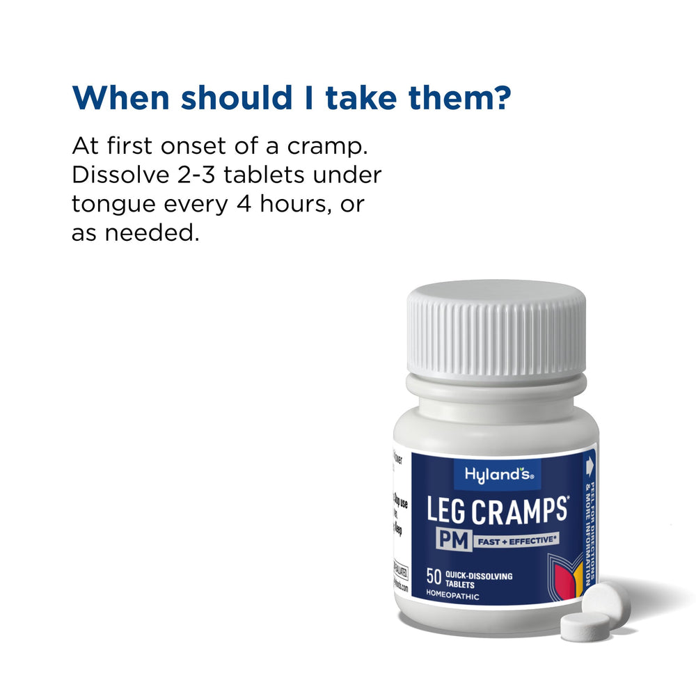 Hyland's Leg Cramps PM natural ingredients badge on package