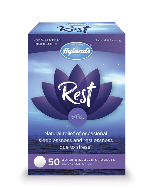 Hyland's Rest bottle front view, natural sleep aid for occasional sleeplessness