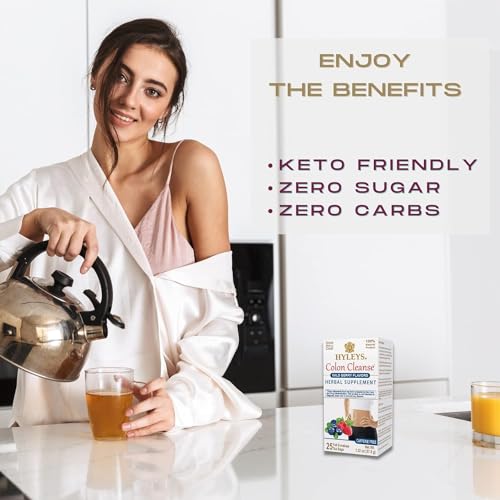 Hyleys box and bags shown, emphasizing the caffeine-free detox experience.