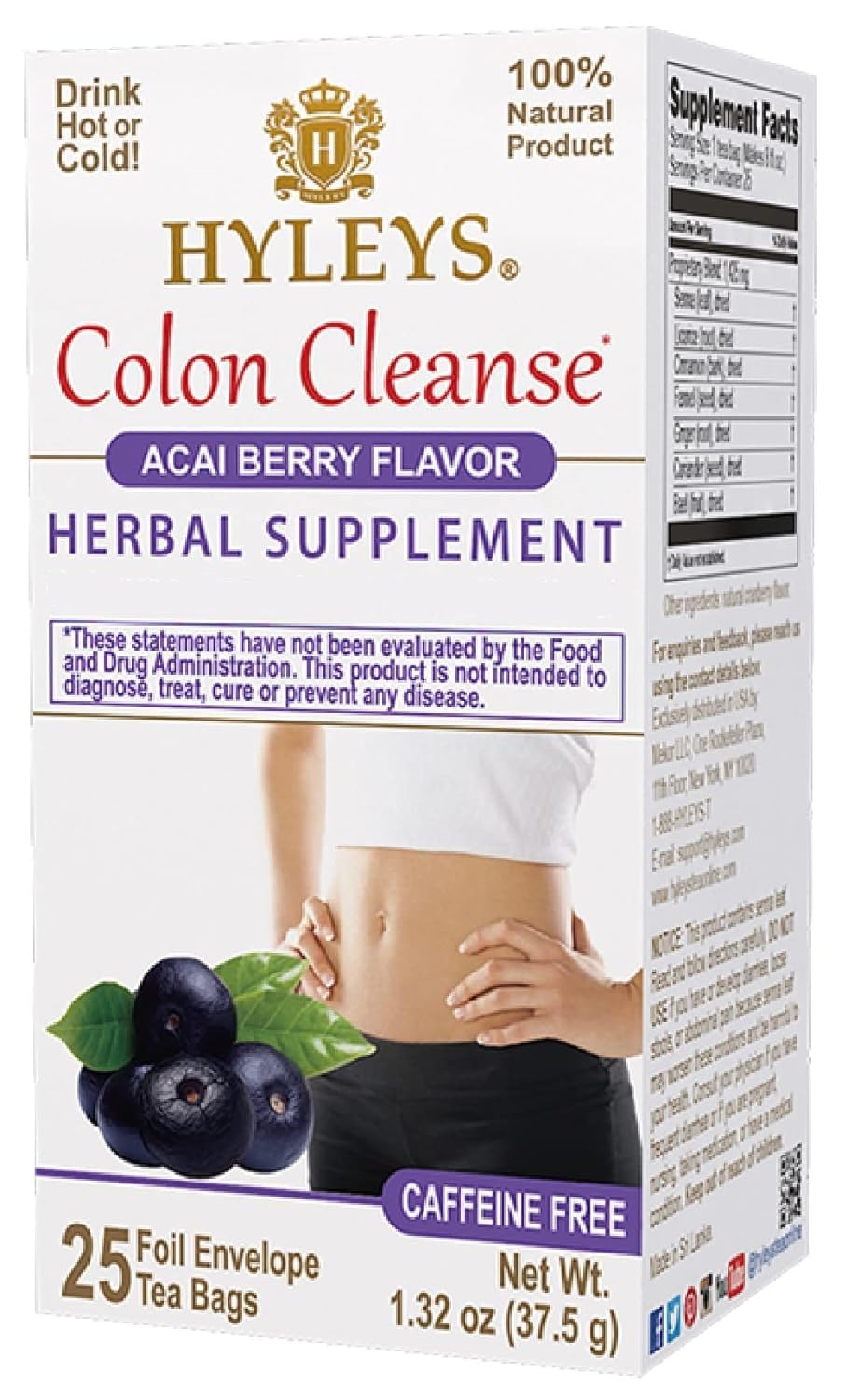 Hyleys Colon Cleanse Acai Berry pack with 25 bags for gentle digestive support.