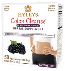 Hyleys colon cleanse tea blackberry flavor bags ready for brewing, gentle digestion support.