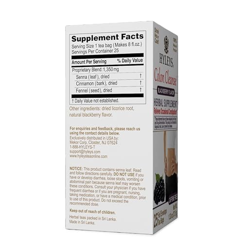 Hyleys Colon Cleanse Tea blackberry flavor kettle steam evokes warm, caffeine-free comfort.